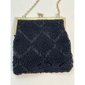 Vintage Beaded Purse Black Geometric Chain Strap Hand Made Hong Kong